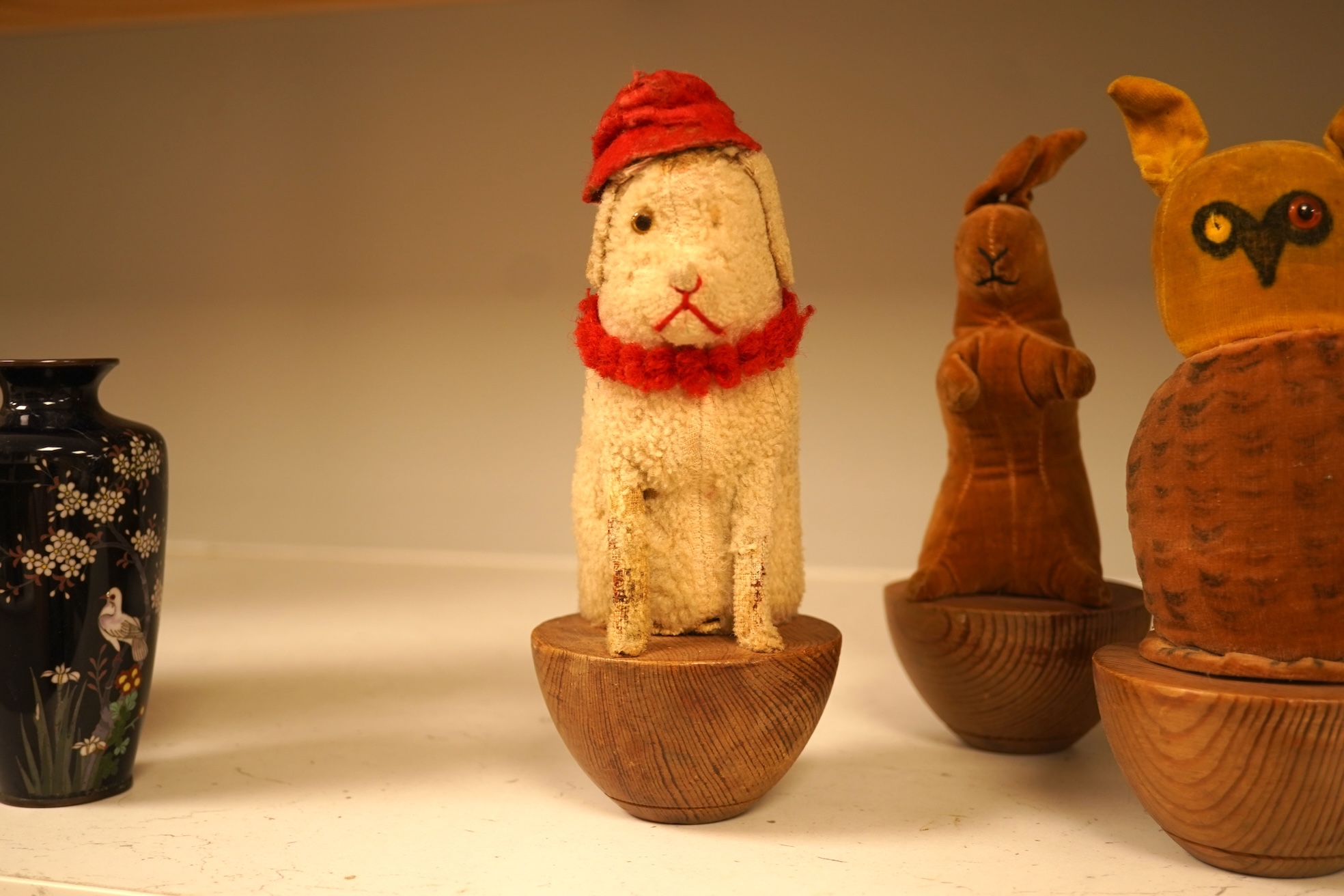 Nine children’s toy 1930’s-40’s soft animal skittles and a ball. Monkey skittle 17cm high